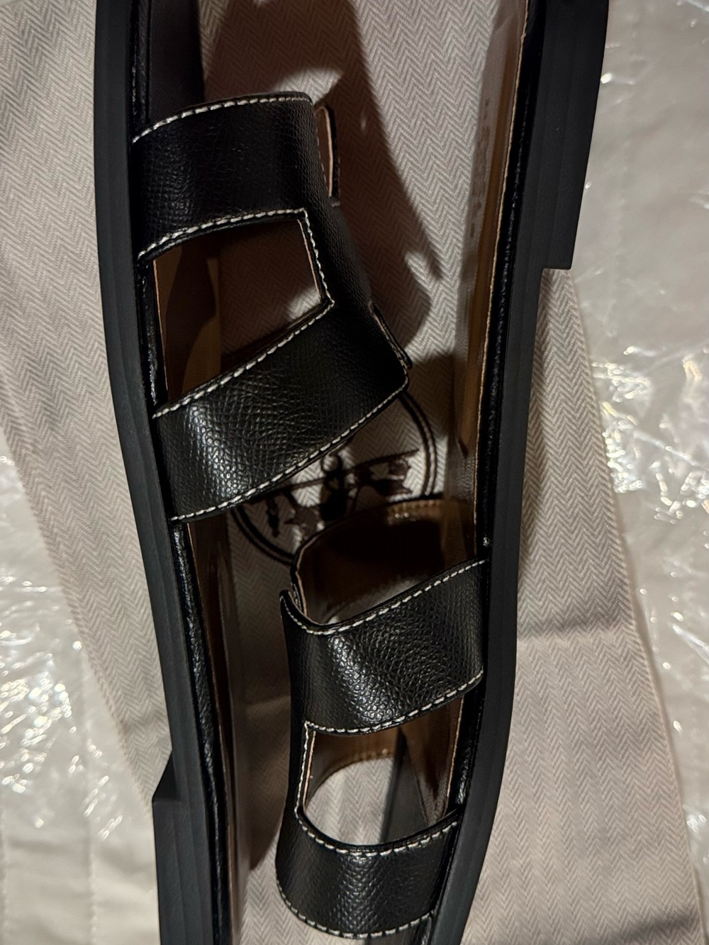 Black Leather Designer (Dupe) Sandals with Brown Insole and white stiching - Picture 5 of 8